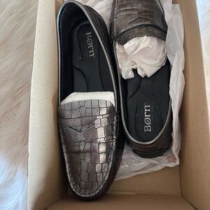 Born Metallic Pewter Croc-Embossed Slip-On Loafers